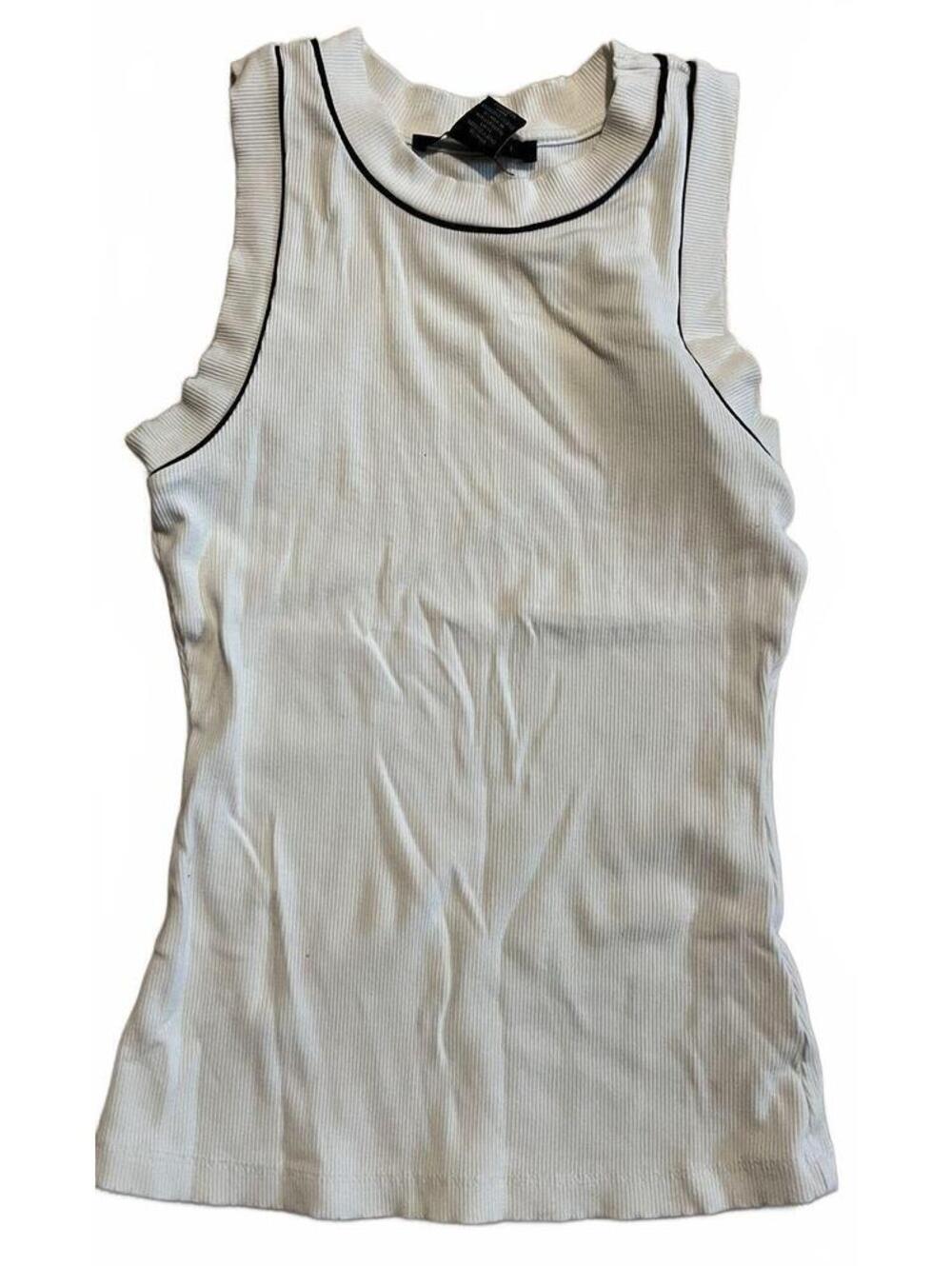 Tahari White Ribbed Sleeveless Tank Top with Black Piping, Size XS